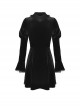 Gothic Style Elegant Stand Collar Lace Luxury Velvet Black Long Trumpet Sleeves Slim Dress