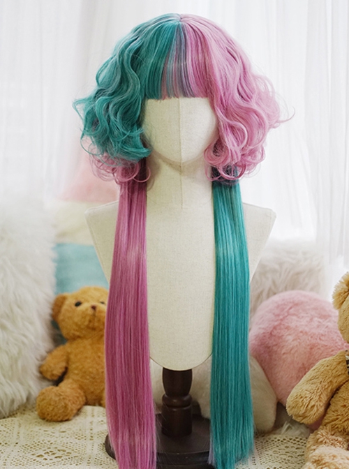 Versatile Two Color Splicing Curly Jellyfish Head Long Straight Hair Cute Sweet Lolita Full Head Wig