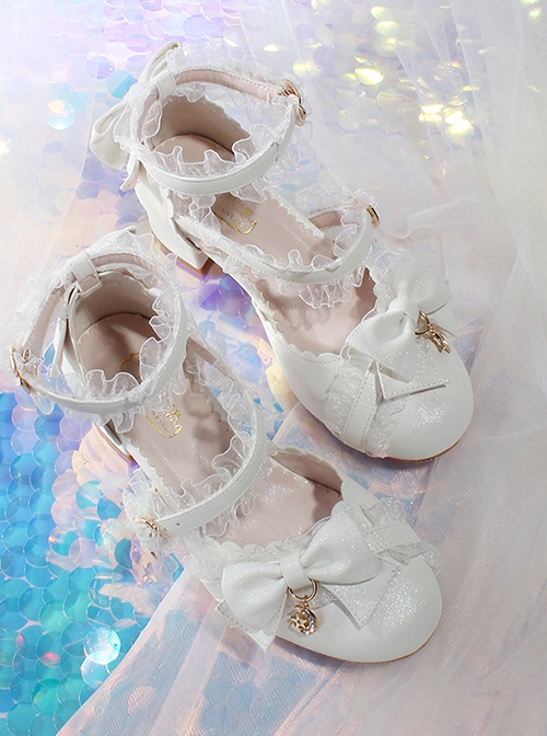 Japanese Style Soft Girl Gorgeous Tea Party Ribbon Straps Bowknot Sparkle Frosted Stars Sweet Lolita Mid Heel Shoes