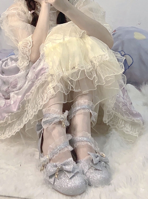 Japanese Style Soft Girl Gorgeous Tea Party Ribbon Straps Bowknot Sparkle Frosted Stars Sweet Lolita Mid Heel Shoes