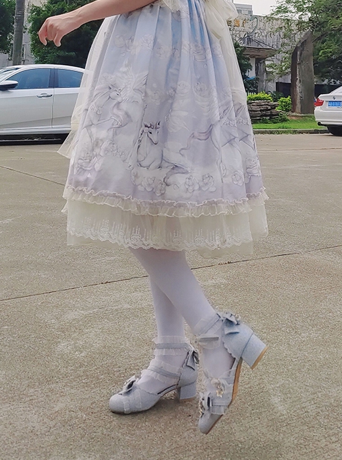 Japanese Style Soft Girl Gorgeous Tea Party Ribbon Straps Bowknot Sparkle Frosted Stars Sweet Lolita Mid Heel Shoes