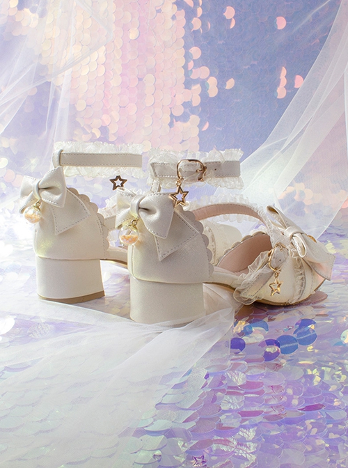 Japanese Style Soft Girl Gorgeous Tea Party Ribbon Straps Bowknot Sparkle Frosted Stars Sweet Lolita Mid Heel Shoes