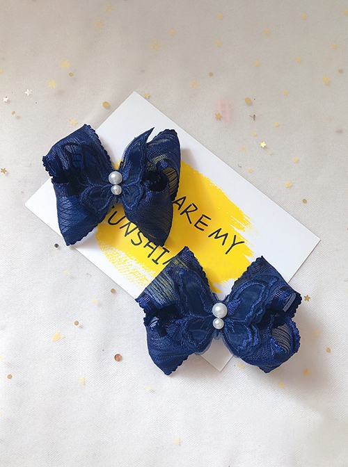 Elegant Handmade Versatile Navy Blue Lace Butterfly Dark Pattern Pearl Classic Lolita Accessory Hairpin