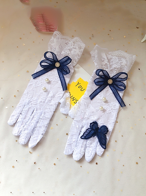 Handmade Ribbon Bowknot Versatile Elegant Navy Blue Butterfly Pearl Classic Lolita Lace White Gloves