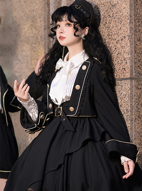 Tomorrow Pledge Series Exquisite Black College Style Military Uniform School Lolita Long Sleeve Shirt Skirt Coat Set