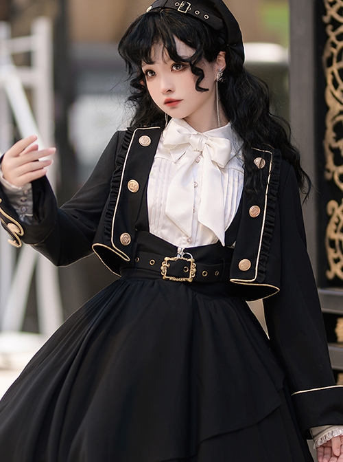 Tomorrow Pledge Series Exquisite Black College Style Military Uniform School Lolita Long Sleeve Shirt Skirt Coat Set