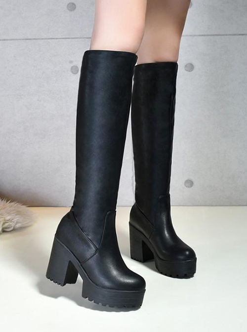 Versatile Cool Punk Metal Lolita Cartoon Cosplay Long Tube Round Toe Platform 10cm Thick High Heel Knight Boots