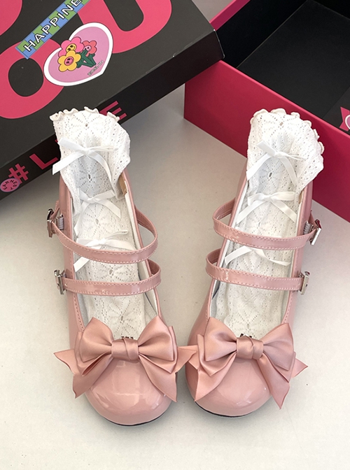 Daily Cute Satin Bowknot Mary Jane Sweet Lolita Versatile Shallow Mouth Round Toe Strap Thick Sole Block Heel Shoes