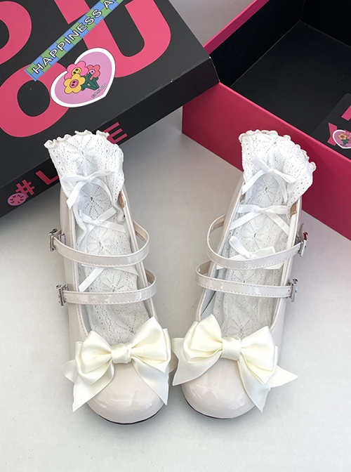 Daily Cute Satin Bowknot Mary Jane Sweet Lolita Versatile Shallow Mouth Round Toe Strap Thick Sole Block Heel Shoes