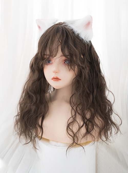 Girly Lively Fluffy Wool Curly Air Bangs Long Hair Dark Brown Daily Versatile Sweet Lolita Full Head Wig