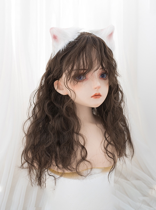 Girly Lively Fluffy Wool Curly Air Bangs Long Hair Dark Brown Daily Versatile Sweet Lolita Full Head Wig
