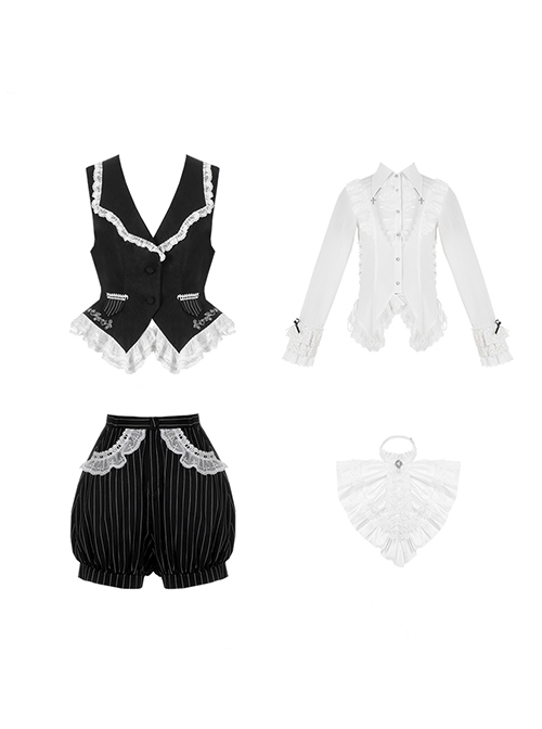 Night Banquet Series Black White Juvenile Temperament Palace Style Waiter Butler Ouji Fashion Shirt Vest Pumpkin Pants Set