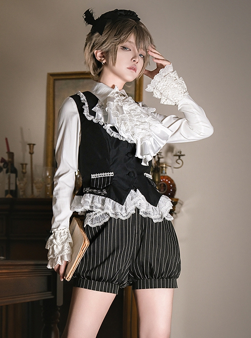 Night Banquet Series Black White Juvenile Temperament Palace Style Waiter Butler Ouji Fashion Shirt Vest Pumpkin Pants Set