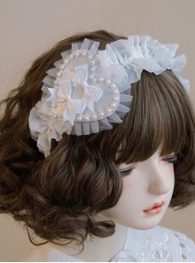 Handmade Pure White Versatile Mesh Yarn Satin Bowknot Heart Ruffles Lace Classic Lolita Head Accessory Headband