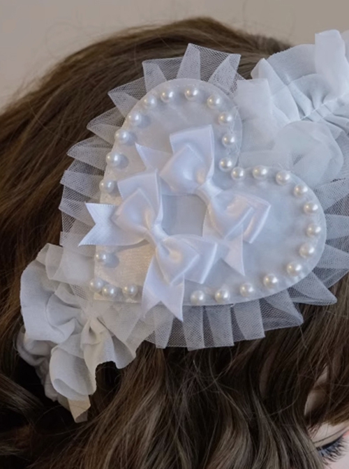 Handmade Pure White Versatile Mesh Yarn Satin Bowknot Heart Ruffles Lace Classic Lolita Head Accessory Headband