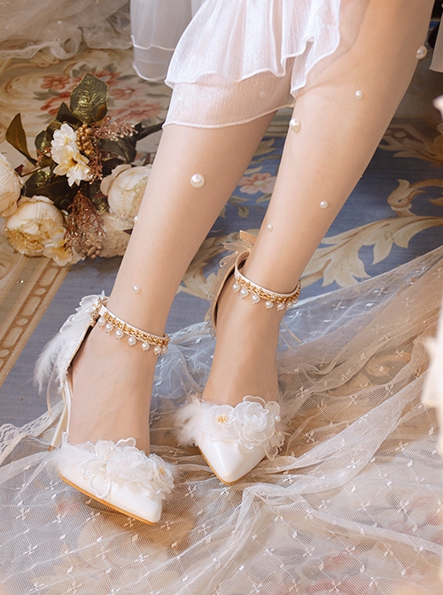 Handmade Elegant Pure White Pearl Lace Feather Angel Flower Wedding Festival Classic Lolita Pointed Toe Stiletto Shoes