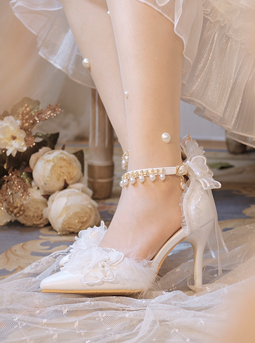 Handmade Elegant Pure White Pearl Lace Feather Angel Flower Wedding Festival Classic Lolita Pointed Toe Stiletto Shoes