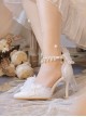 Handmade Elegant Pure White Pearl Lace Feather Angel Flower Wedding Festival Classic Lolita Pointed Toe Stiletto Shoes