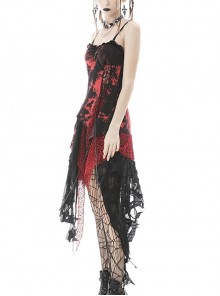 Punk Rock Style Irregular Hole Hem Metal Cross Decoration Cool Black And Red Tie-Dye Suspender Dress