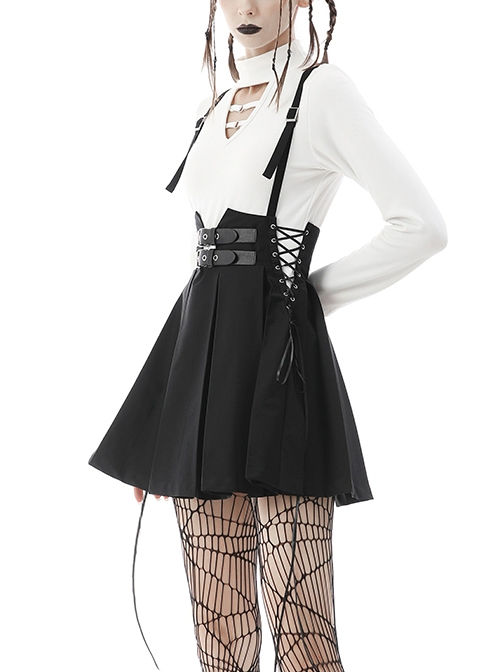 Punk Style Cool Double Row Belt Versatile For Daily Wear Black Cross Strap Pleated Dress