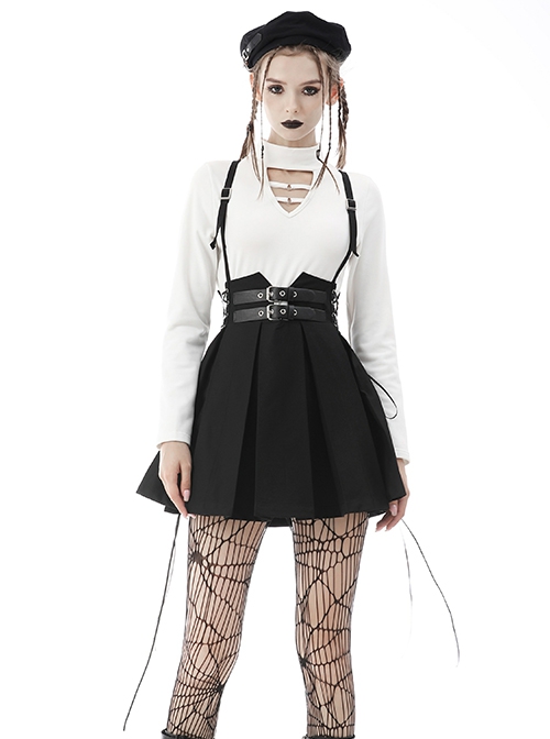 Punk Style Cool Double Row Belt Versatile For Daily Wear Black Cross Strap Pleated Dress