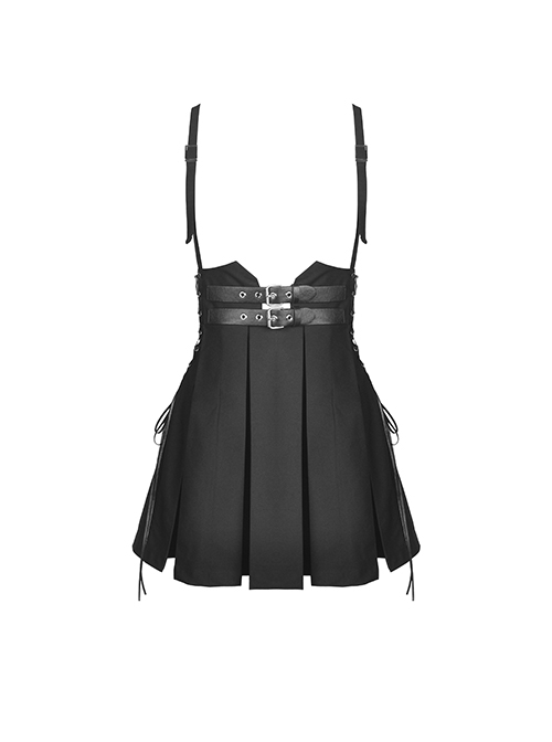 Punk Style Cool Double Row Belt Versatile For Daily Wear Black Cross Strap Pleated Dress