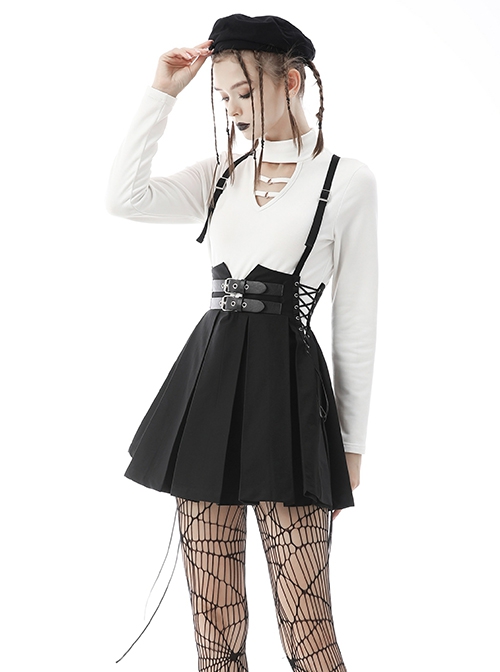 Punk Style Cool Double Row Belt Versatile For Daily Wear Black Cross Strap Pleated Dress
