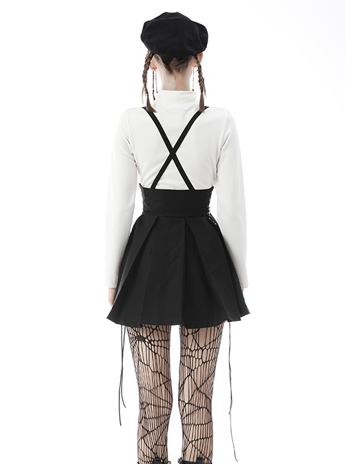 Punk Style Cool Double Row Belt Versatile For Daily Wear Black Cross Strap Pleated Dress