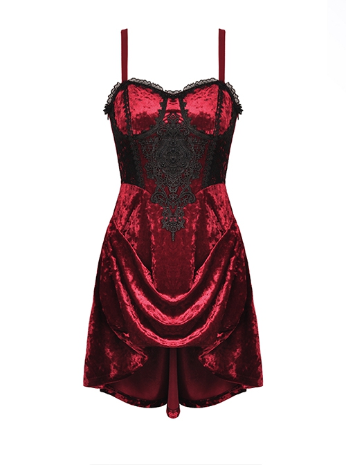 Gothic Style Luxury Velvet Black Lace Embroidery Embellished Vintage Wine Red Suspender Tube Top Dress