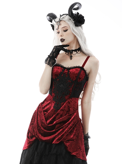 Gothic Style Luxury Velvet Black Lace Embroidery Embellished Vintage Wine Red Suspender Tube Top Dress