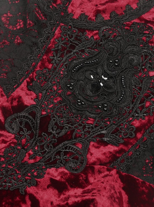 Gothic Style Luxury Velvet Black Lace Embroidery Embellished Vintage Wine Red Suspender Tube Top Dress