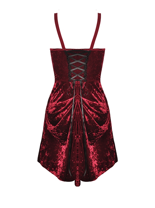 Gothic Style Luxury Velvet Black Lace Embroidery Embellished Vintage Wine Red Suspender Tube Top Dress