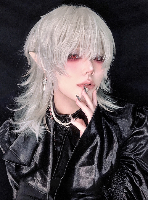 Silver Moonlight New Chinese Style Mullet Head Wolf Tail Handsome Boy Medium Long Hair Ouji Fashion Full Head Wig