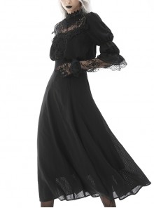 Gothic Style Lace Stand Collar Angel Wings Embroidery Retro Virago Sleeves Black Elegant Dress