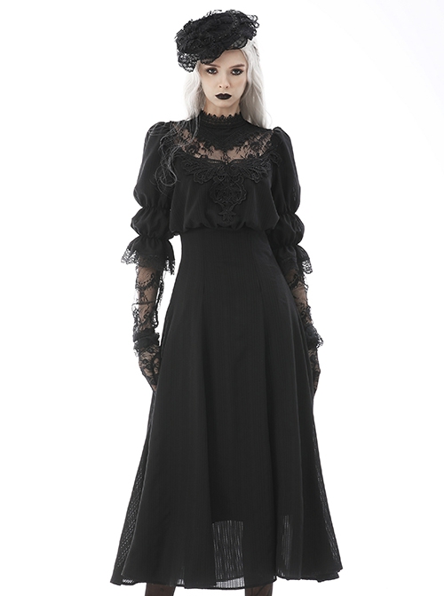Gothic Style Lace Stand Collar Angel Wings Embroidery Retro Virago Sleeves Black Elegant Dress