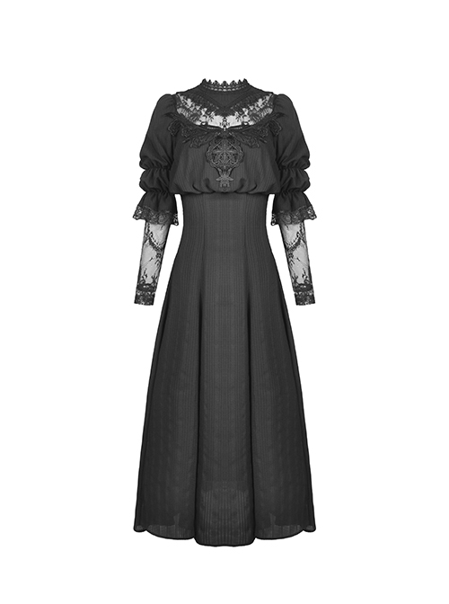 Gothic Style Lace Stand Collar Angel Wings Embroidery Retro Virago Sleeves Black Elegant Dress