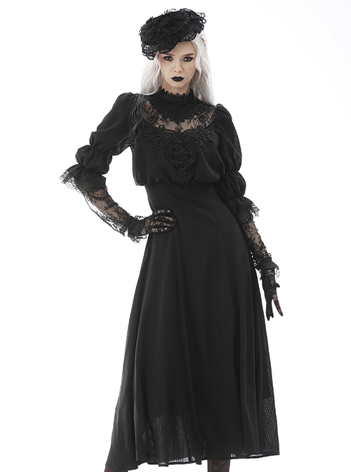 Gothic Style Lace Stand Collar Angel Wings Embroidery Retro Virago Sleeves Black Elegant Dress