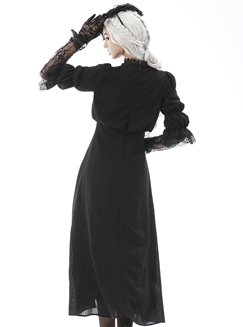 Gothic Style Lace Stand Collar Angel Wings Embroidery Retro Virago Sleeves Black Elegant Dress