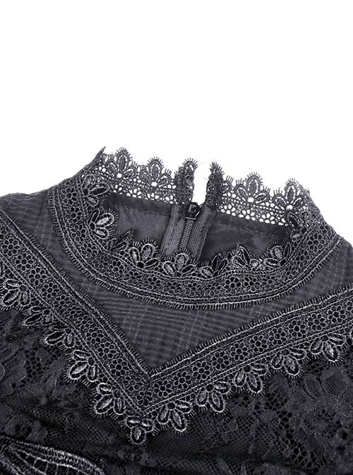 Gothic Style Lace Stand Collar Angel Wings Embroidery Retro Virago Sleeves Black Elegant Dress