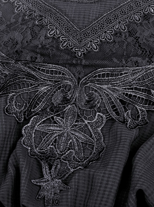 Gothic Style Lace Stand Collar Angel Wings Embroidery Retro Virago Sleeves Black Elegant Dress