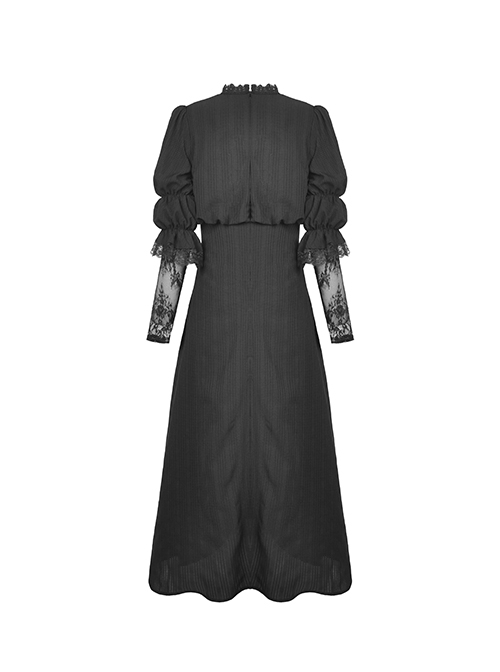 Gothic Style Lace Stand Collar Angel Wings Embroidery Retro Virago Sleeves Black Elegant Dress