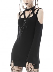 Punk Style Hollow Sexy Shoulder Cross Halter Neck Strap Retro Trumpet Sleeves Black Tight Short Dress