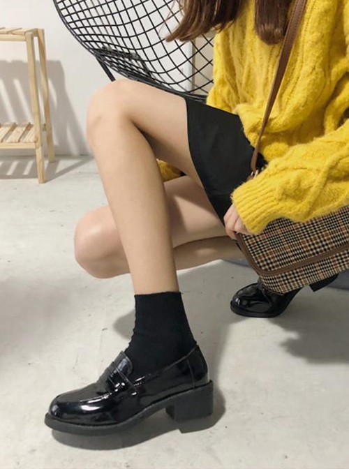 Retro British College Style Black Daily Versatile JK Commute Ouji Fashion Lolita Round Tip Work Mid Heel Shoes
