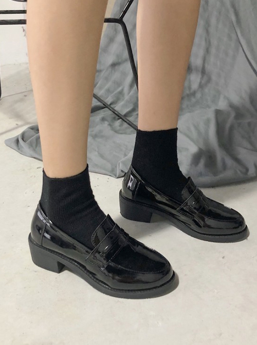 Retro British College Style Black Daily Versatile JK Commute Ouji Fashion Lolita Round Tip Work Mid Heel Shoes