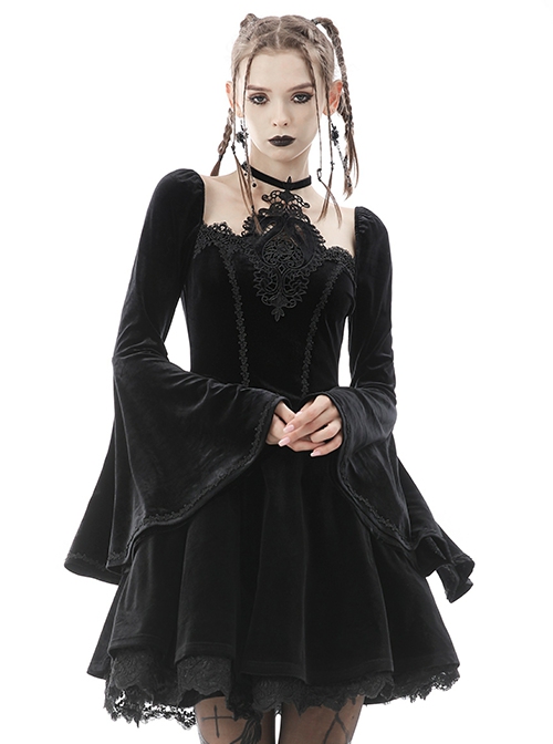 Gothic Style Retro Palace Trumpet Sleeves Square Collar Flower Halter Neck Black Dress
