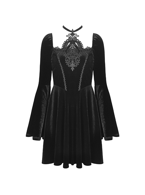Gothic Style Retro Palace Trumpet Sleeves Square Collar Flower Halter Neck Black Dress