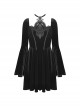 Gothic Style Retro Palace Trumpet Sleeves Square Collar Flower Halter Neck Black Dress