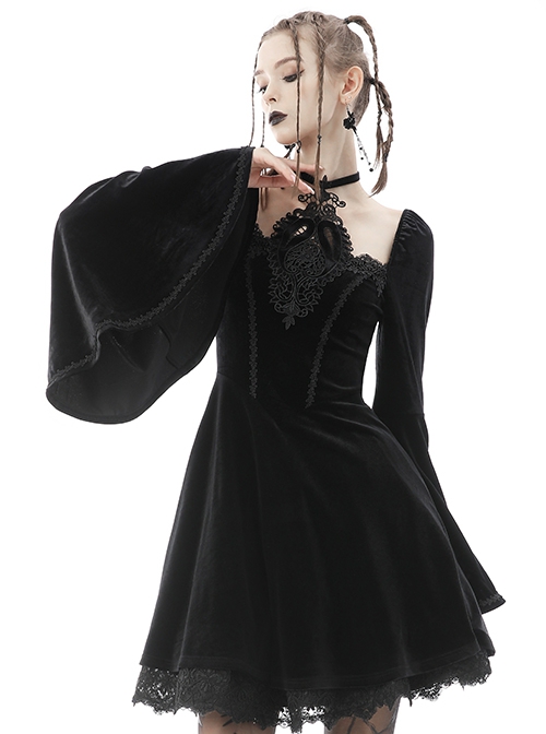 Gothic Style Retro Palace Trumpet Sleeves Square Collar Flower Halter Neck Black Dress