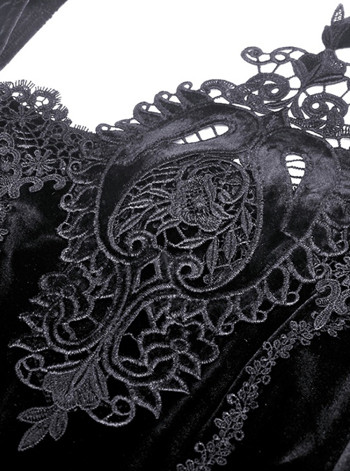 Gothic Style Retro Palace Trumpet Sleeves Square Collar Flower Halter Neck Black Dress
