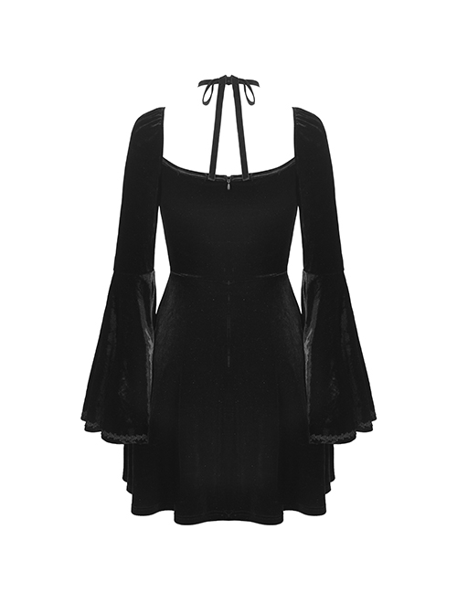 Gothic Style Retro Palace Trumpet Sleeves Square Collar Flower Halter Neck Black Dress